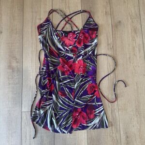 Express Tropical Floral Wrap Dress 5/6 Strappy Back Purple Red Resort Vacation